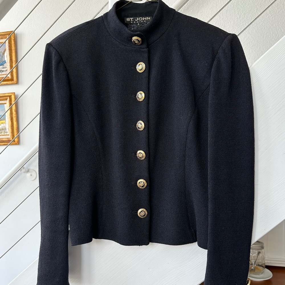 St. John Black Blazer with Gold Buttons and Skirt